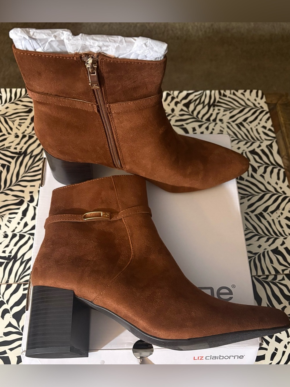 Liz Claiborne Cognac Suede Ankle Booties with Block Heel